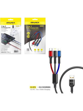 Awei CL-971 Braided USB to micro USB / Type-C / Lightning Cable 2.4A Μαύρο 1.2m (x24785)