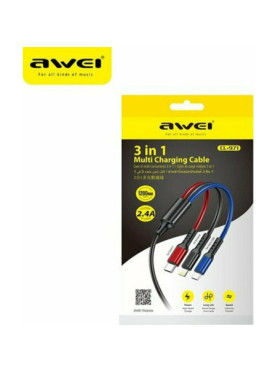 Awei CL-971 Braided USB to micro USB / Type-C / Lightning Cable 2.4A Μαύρο 1.2m (x24785)