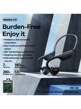Remax RB-S8 Open Ear Bluetooth Handsfree Ακουστικά με Αντοχή στον Ιδρώτα Μαύρα