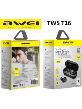 Awei T16 In-ear Bluetooth Handsfree Ακουστικά με Αντοχή στον Ιδρώτα και Θήκη Φόρτισης Μαύρα