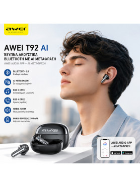 Awei T92 ANC Pro In-ear Bluetooth Handsfree Ακουστικά με Θήκη Φόρτισης Μαύρα