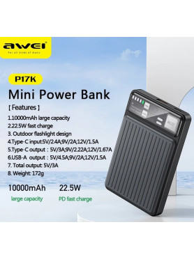 Awei P17K Power Bank 10000mAh 22.5W με Θύρα USB-A και Θύρα USB-C Γκρι