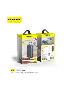 Awei P7K Power Bank 30000mAh με 2 Θύρες USB-A και Θύρα USB-C Μαύρο