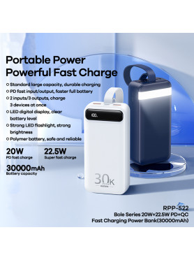 Remax RPP-522 Bole Series Power Bank 30000mAh 22.5W με 2 Θύρες USB-A και Θύρα USB-C Power Delivery Μπλε