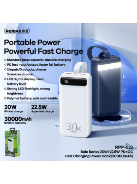 Remax RPP-522 Bole Series Power Bank 30000mAh 22.5W με 2 Θύρες USB-A και Θύρα USB-C Power Delivery Λευκό