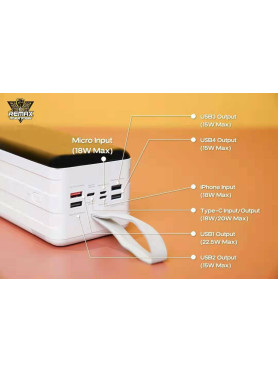 Remax RPP-291 Power Bank 80000mAh 22.5W με 2 Θύρες USB-A και Θύρα USB-C Power Delivery Λευκό
