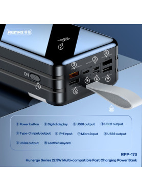 Remax RPP-173 Power Bank 60000mAh 22.5W με 4 Θύρες USB-A και Θύρα USB-C Μαύρο