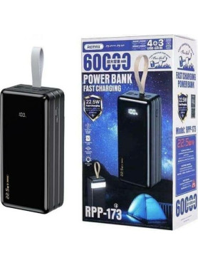 Remax RPP-173 Power Bank 60000mAh 22.5W με 4 Θύρες USB-A και Θύρα USB-C Μαύρο