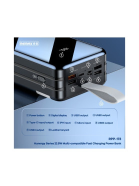 Remax RPP-173 Power Bank 60000mAh 22.5W με 4 Θύρες USB-A και Θύρα USB-C Λευκό