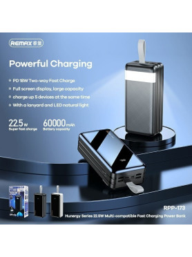 Remax RPP-173 Power Bank 60000mAh 22.5W με 4 Θύρες USB-A και Θύρα USB-C Λευκό
