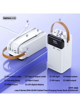 Remax RPP-565 Power Bank 60000mAh 22.5W με 2 Θύρες USB-A και Θύρα USB-C Quick Charge 3.0 Λευκό
