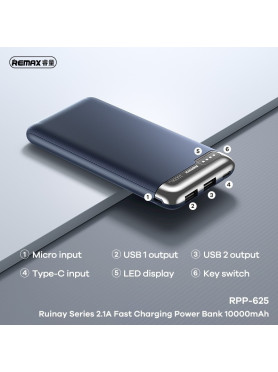 Remax RPP-625 Power Bank 10000mAh 15W με 2 Θύρες USB-A και Θύρα USB-C Power Delivery Μπλε