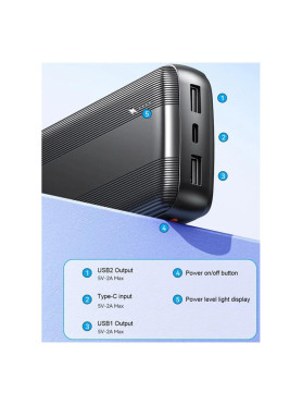 WK WP-86 Raython Series Power Bank 10000mAh με 2 Θύρες USB-A και Θύρα USB-C Μαύρο