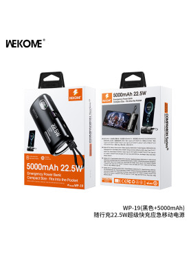 WK WP-19 Power Bank 5000mAh 22.5W με 2 Θύρες USB-C Μαύρο