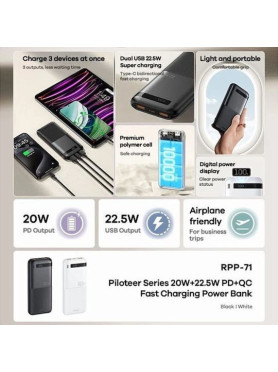 Remax RPP-71 Piloteer Series Power Bank 10000mAh 22.5W με 2 Θύρες USB-A και Θύρα USB-C Power Delivery / Quick Charge 3.0 Μαύρο