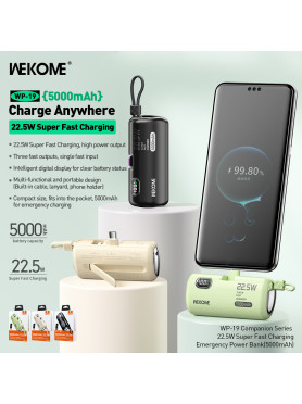 WK WP-19 Power Bank 5000mAh 22.5W με 2 Θύρες USB-C Μπεζ