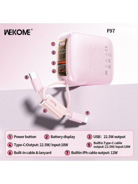 WK F97 Power Bank 10000mAh 22.5W με Θύρα USB-A και Θύρα USB-C Λευκό