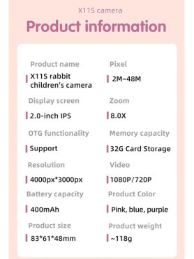 Rabbit Compact Φωτογραφική Μηχανή 2MP Οπτικού Ζουμ 8x με Οθόνη 2" Ροζ