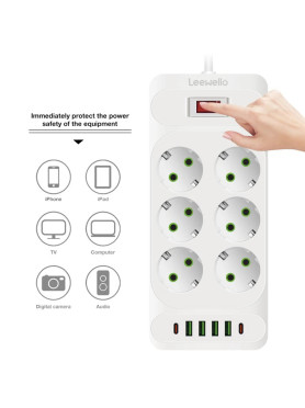 Leewello Πολύπριζο 6 Θέσεων με 4 USB-A, 2 USB-C και Καλώδιο 2m