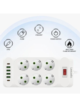 Leewello Πολύπριζο 6 Θέσεων με 4 USB-A, 2 USB-C και Καλώδιο 2m