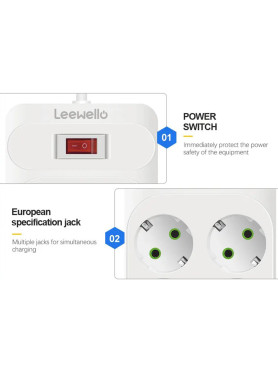 Leewello Πολύπριζο 6 Θέσεων με 4 USB-A, 2 USB-C και Καλώδιο 2m