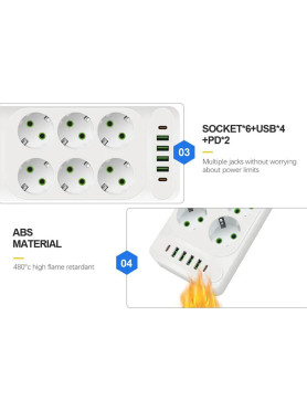Leewello Πολύπριζο 6 Θέσεων με 4 USB-A, 2 USB-C και Καλώδιο 2m