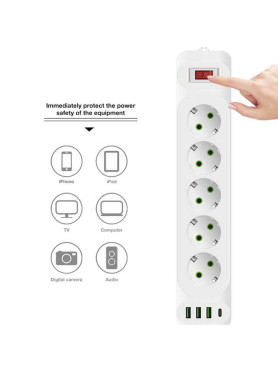 Leewello LW-196 Πολύπριζο 5 Θέσεων με 3 USB-A, USB-C και Καλώδιο 2m