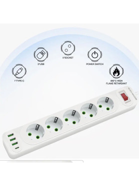 Leewello LW-196 Πολύπριζο 5 Θέσεων με 3 USB-A, USB-C και Καλώδιο 2m