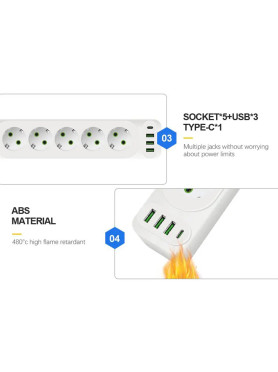 Leewello LW-196 Πολύπριζο 5 Θέσεων με 3 USB-A, USB-C και Καλώδιο 2m