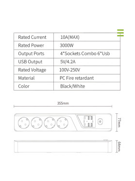 Leewello Πολύπριζο με 4 USB-A και 2 USB-C Κωδικός: 783071-Λευκό