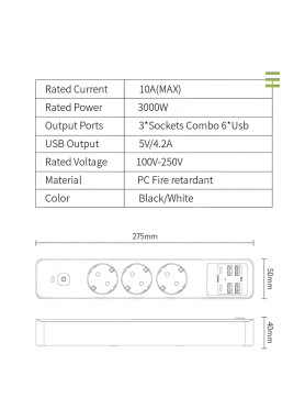 Leewello Πολύπριζο Aσφαλείας με 4 USB-A και 2 USB-C Κωδικός: 783070-ΜΑΎΡΟ