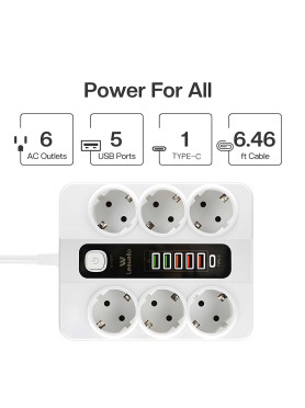 Leewello Πολύπριζο Aσφαλείας 6 Θέσεων με 5 USB-A, 1 USB-C και Διακόπτη Κωδικός: 783069-ΛΕΥΚΟ