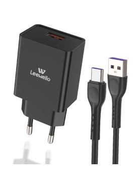 Leewello Φορτιστής με Θύρα USB-A και Καλώδιο USB-C 20W Quick Charge 3.0 Μαύρος (LW-327)