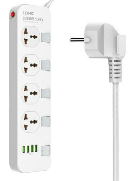 Ldnio Πολύπριζο Aσφαλείας 4 Θέσεων με 4 USB-A, Διακόπτη και Καλώδιο 2m Κωδικός: SC4408