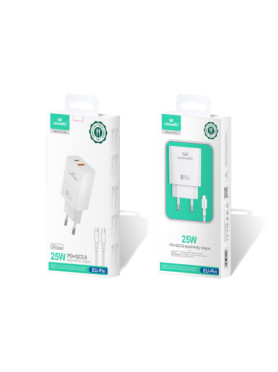 Leewello Φορτιστής με Θύρα USB-A και Θύρα USB-C και Καλώδιο USB-C 25W Λευκός (CDQ20)