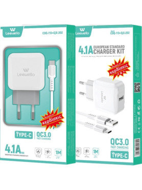 Leewello Φορτιστής με Θύρα USB-A και Καλώδιο USB-C Quick Charge 3.0 Λευκός (CDQ-110 + SJX-202)