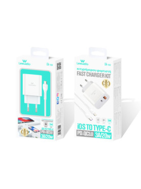 Leewello Φορτιστής με Θύρα USB-A και Θύρα USB-C και Καλώδιο Lightning 20W Λευκός (Lw-153)