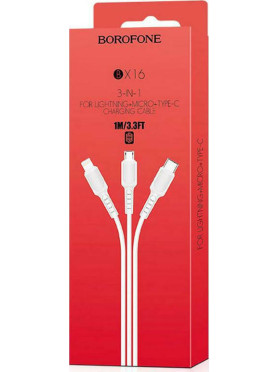 Borofone Regular USB to Lightning / Type-C / micro USB Cable Λευκό 1m (BX16)