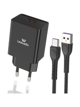 Leewello Φορτιστής με Θύρα USB-A και Καλώδιο USB-C 20W Quick Charge 3.0 Μαύρος (LW-327)