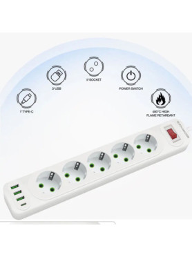 Leewello LW-196 Πολύπριζο Ασφαλείας 5 Θέσεων με 3 USB-A, USB-C και Καλώδιο 2m
