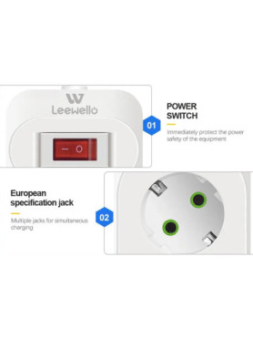 Leewello LW-196 Πολύπριζο Ασφαλείας 5 Θέσεων με 3 USB-A, USB-C και Καλώδιο 2m