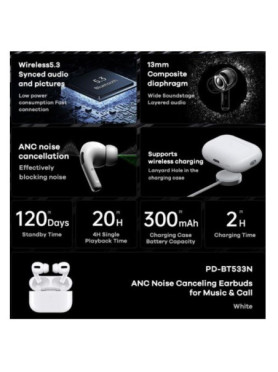 Remax PD-BT533N In-ear Bluetooth Handsfree Ακουστικά με Θήκη Φόρτισης Λευκά