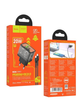 Hoco Φορτιστής με Θύρα USB-A και Θύρα USB-C και Καλώδιο USB-C - USB-C 18W Power Delivery / Quick Charge 3.0 Μαύρος (N34 Dazzling