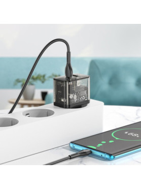 Hoco Φορτιστής με Θύρα USB-A και Θύρα USB-C και Καλώδιο USB-C - USB-C 18W Power Delivery / Quick Charge 3.0 Μαύρος (N34 Dazzling