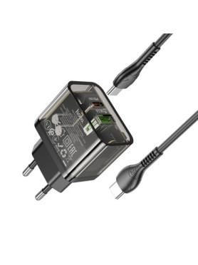 Hoco Φορτιστής με Θύρα USB-A και Θύρα USB-C και Καλώδιο USB-C - USB-C 18W Power Delivery / Quick Charge 3.0 Μαύρος (N34 Dazzling