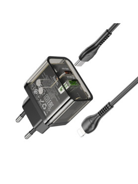 Hoco Φορτιστής με Θύρα USB-A και Θύρα USB-C και Καλώδιο USB-C - Lightning 18W Power Delivery / Quick Charge 3.0 Μαύρος (N34 Dazz