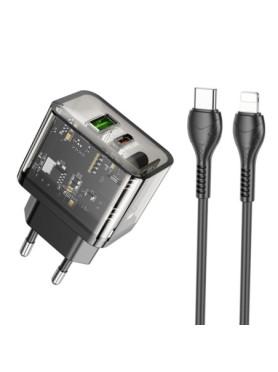 Hoco Φορτιστής με Θύρα USB-A και Θύρα USB-C και Καλώδιο USB-C - Lightning 18W Power Delivery / Quick Charge 3.0 Μαύρος (N34 Dazz