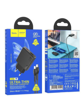 Hoco Φορτιστής με Θύρα USB-A και Θύρα USB-C και Καλώδιο USB-C - USB-C 20W Power Delivery / Quick Charge 3.0 Μαύρος (N38 Delgado)