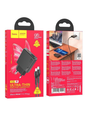 Hoco Φορτιστής με Θύρα USB-A και Θύρα USB-C και Καλώδιο USB-C - Lightning 20W Power Delivery / Quick Charge 3.0 Μαύρος (N38 Delg