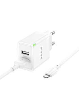 Borofone Φορτιστής με 2 Θύρες USB-A και Καλώδιο Lightning Λευκός (BN15 Strong)